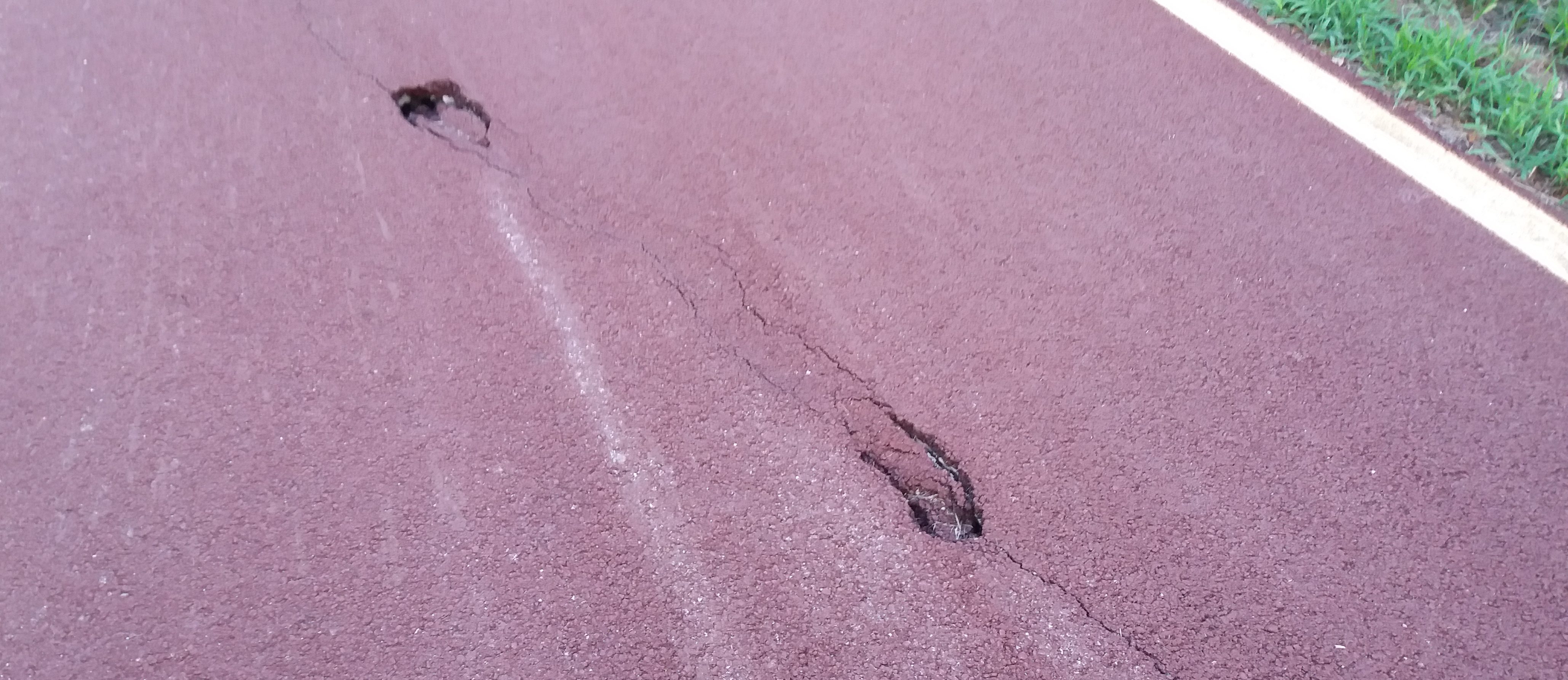 Pista ciclo-pedonale tra crepe e erba alta