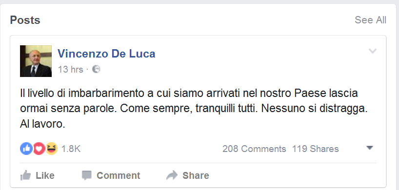 De Luca: “Imbarbarimento nel nostro Paese lascia senza parole. Come sempre tranquilli tutti”