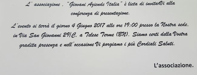 Telese Terme| Giovani Aziende Italia, domenica la conferenza stampa di presentazione