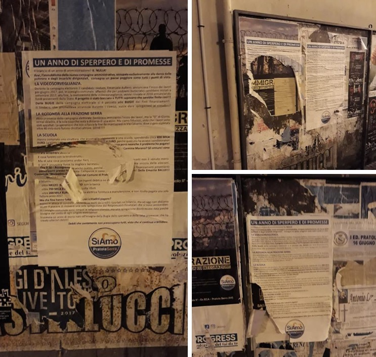 Pratola Serra| Strappati i manifesti dell’opposizione, clima di tensione in paese