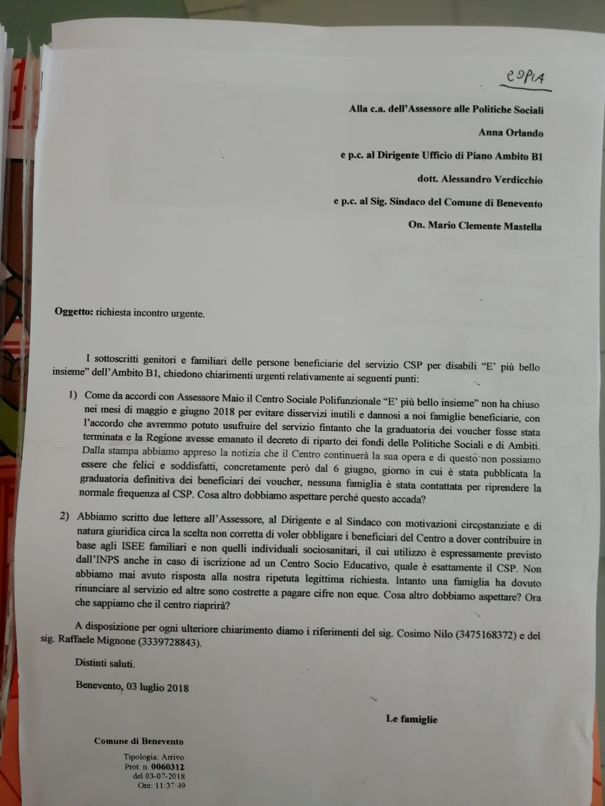 Benevento| Il centro “E’ piu’ bello insieme” risponde a Verdicchio