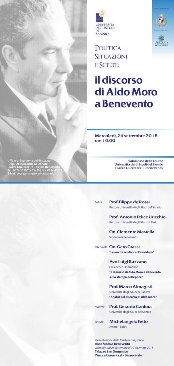 Politica situazioni e scelte: il discorso di Aldo Moro a Benevento. Mercoledi convegno all’Unisannio