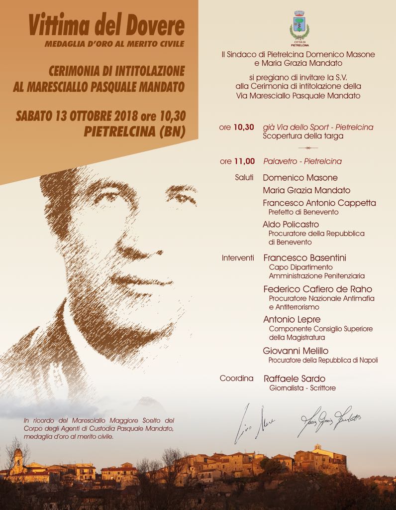 Pietrelcina| “Vittima del dovere”cerimonia di intitolazione al Maresciallo Mandato