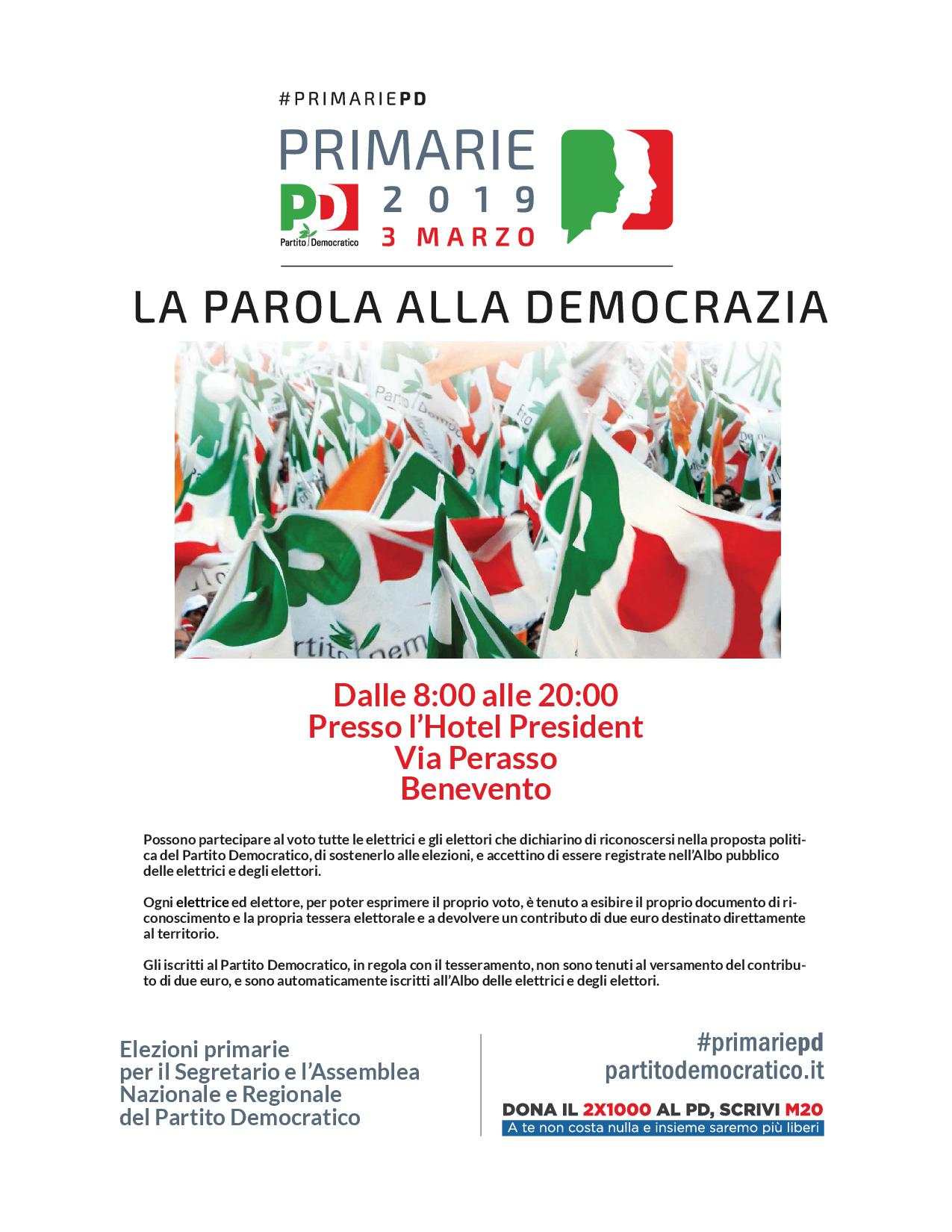 Primarie PD, a Benevento appuntamento all’ Hotel President