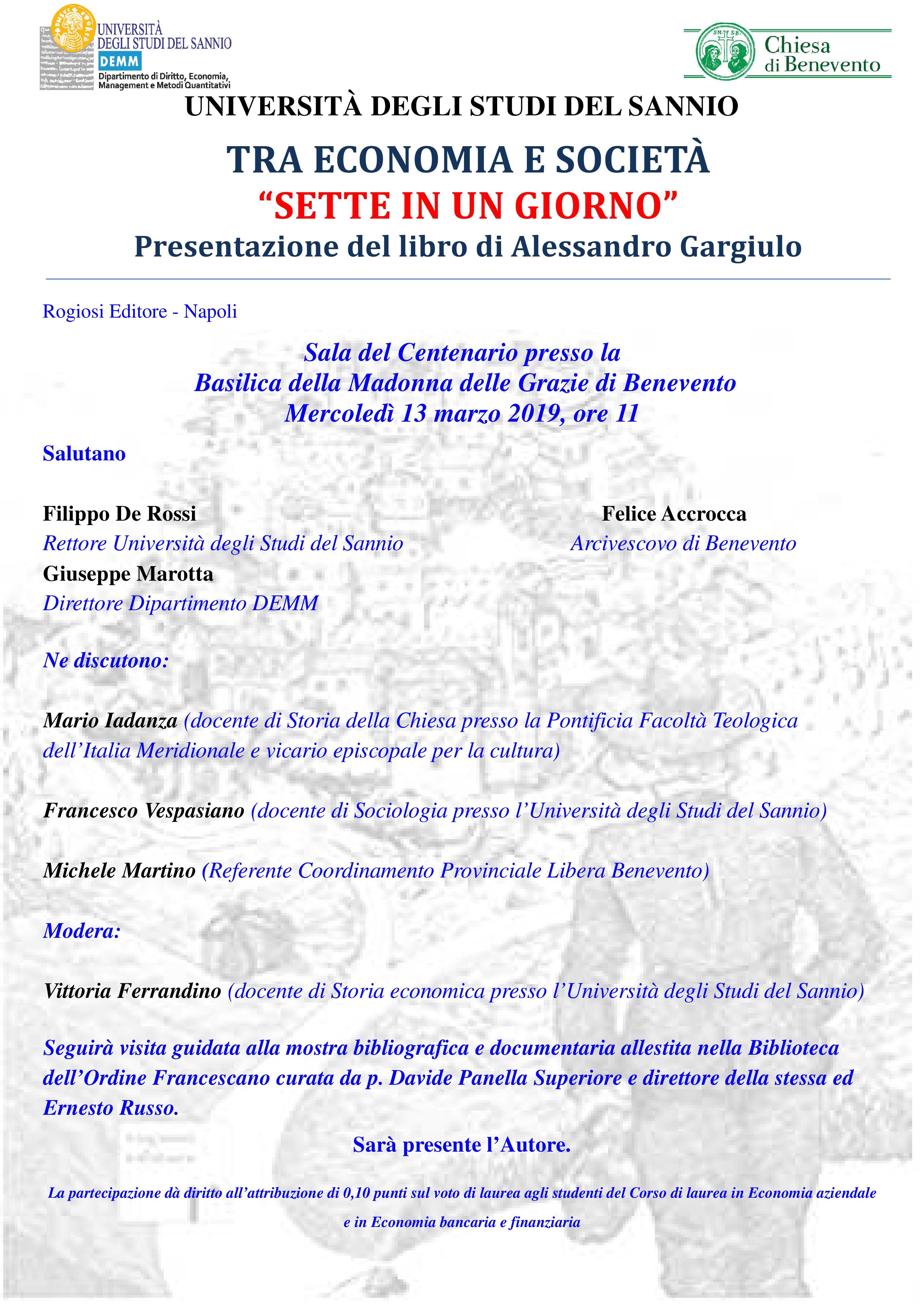 Benevento| Tra economia e società, si presenta il libro “Sette in un giorno”