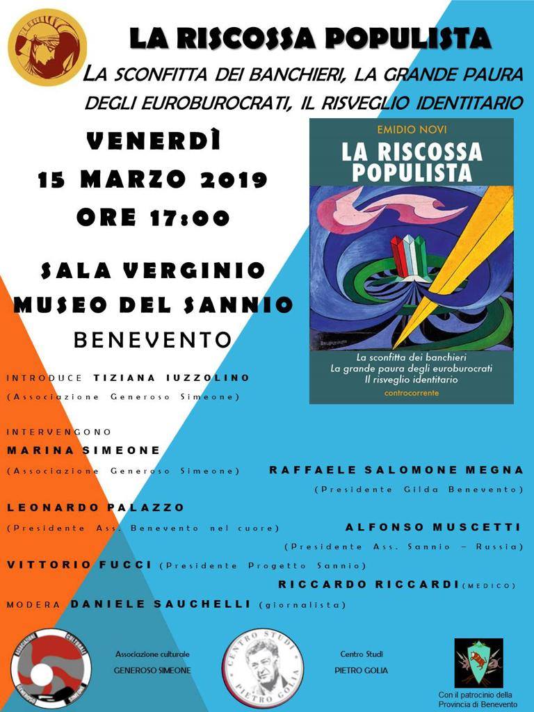 Benevento, il 15 marzo presentazione del libro di Novi “Riscossa Populista