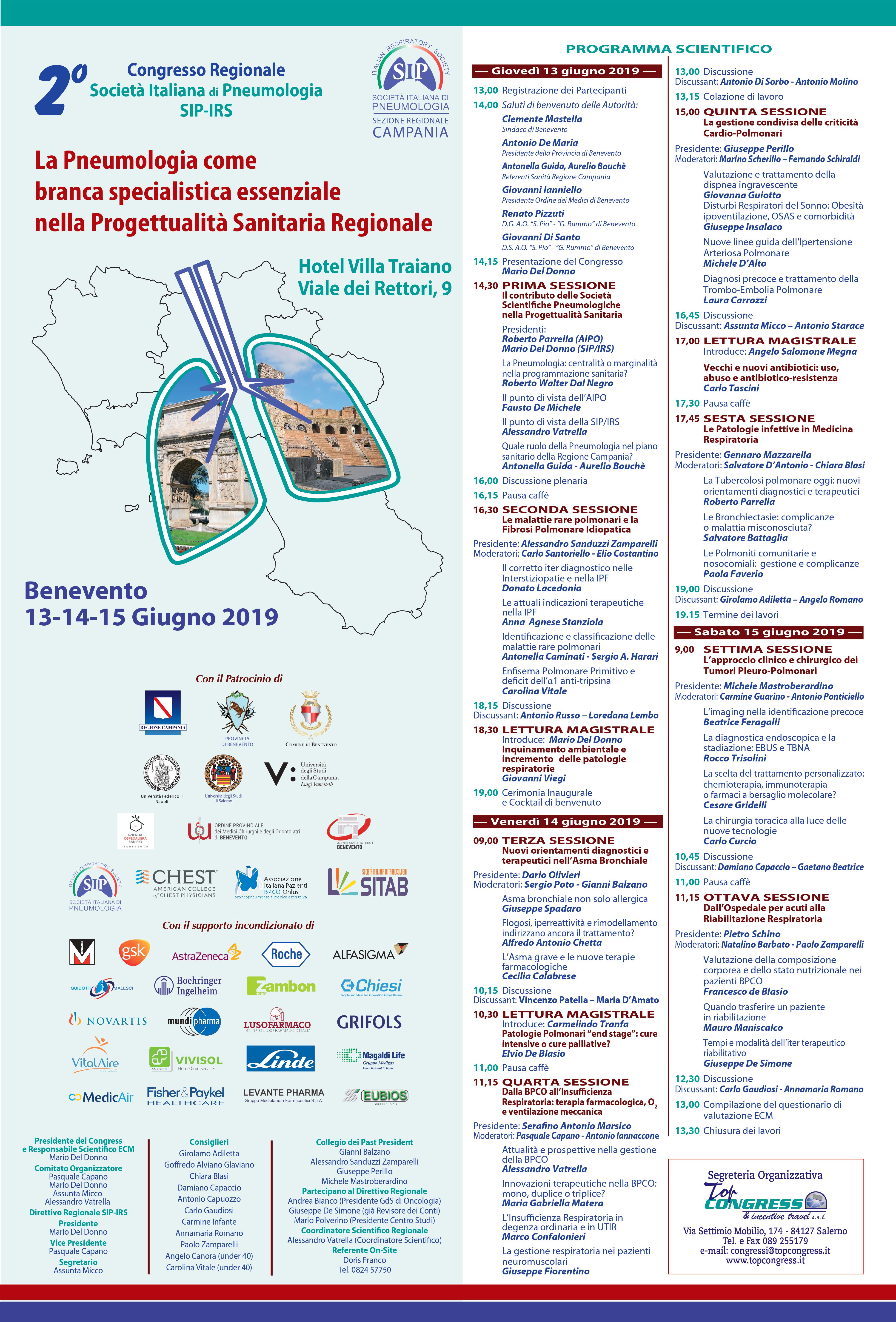 Benevento| Dal 13 al 15 giugno a Benevento si terrà il 2°Congresso regionale della Società Italiana di Pneumologia SIP-IRS