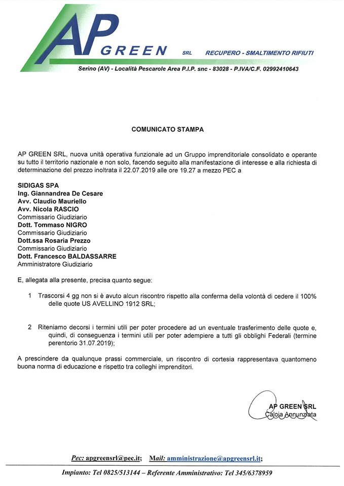 Avellino, Di Somma subito a lavoro. L’ ”Ap Green” rinuncia all’acquisto