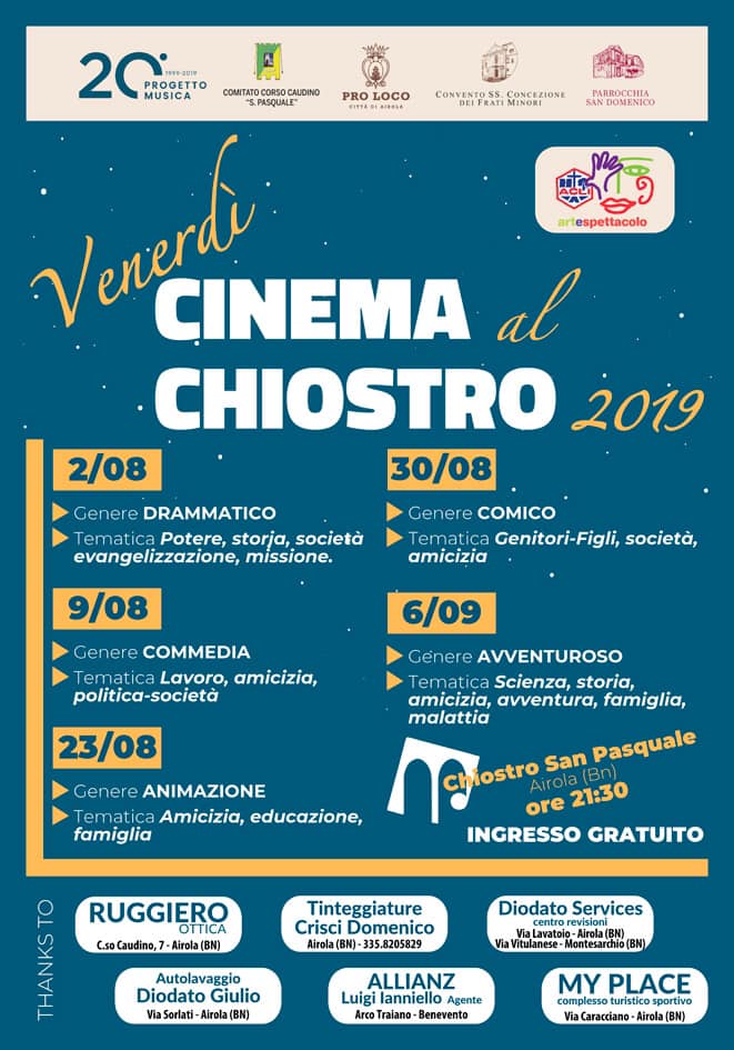 Airola| “Venerdì Cinema al Chiostro 2019”, Progetto Musica in celluloide