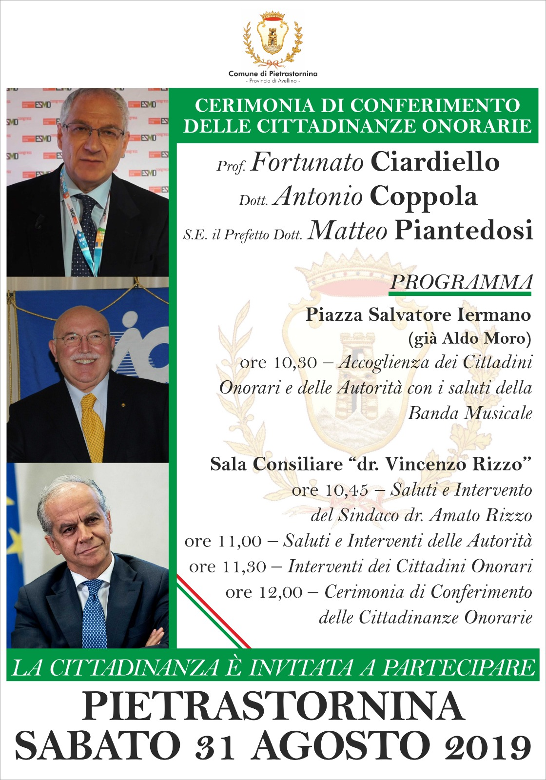 Cittadinanza onoraria: Pietrastornina premia Ciardiello, Coppola e Piantedosi