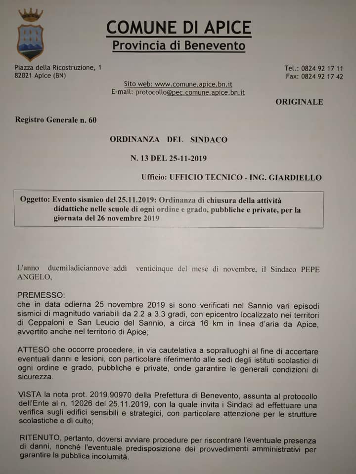 Sisma: scuole di ogni ordine e grado chiuse anche ad Apice
