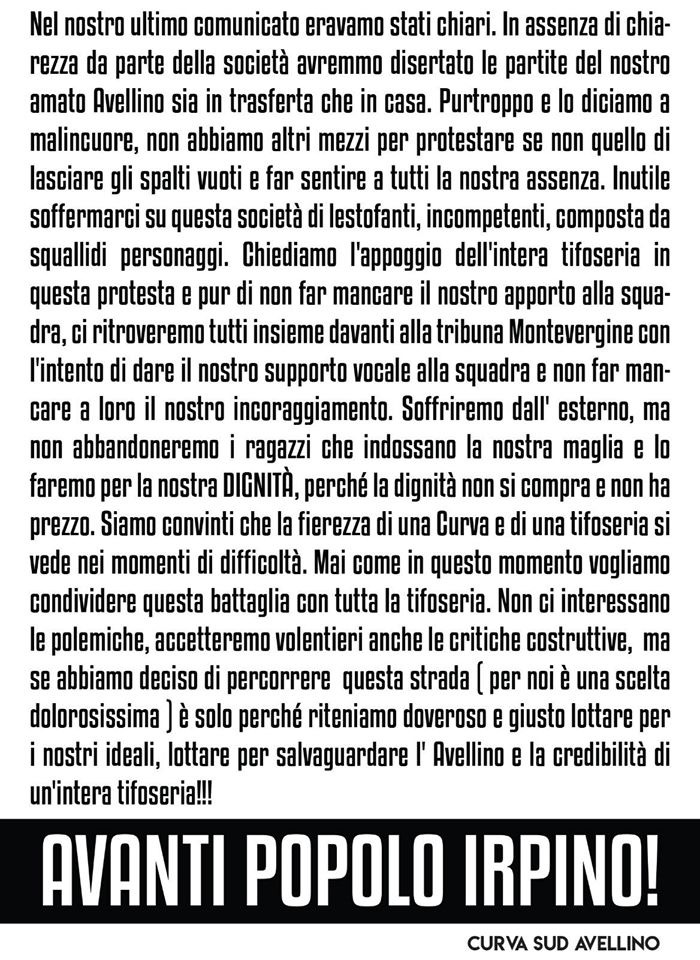 Avellino, i tifosi confermano lo sciopero per domenica. “Soffriremo all’esterno”