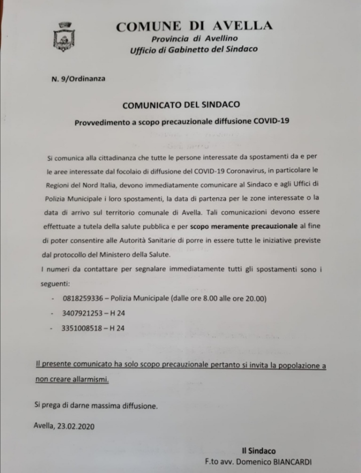 CMC321: precauzioni contro il Corona Virus. Appello ai Sindaci della Valle Caudina