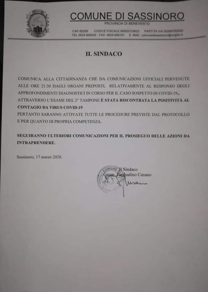 Covid-19, caso positivo a Sassinoro