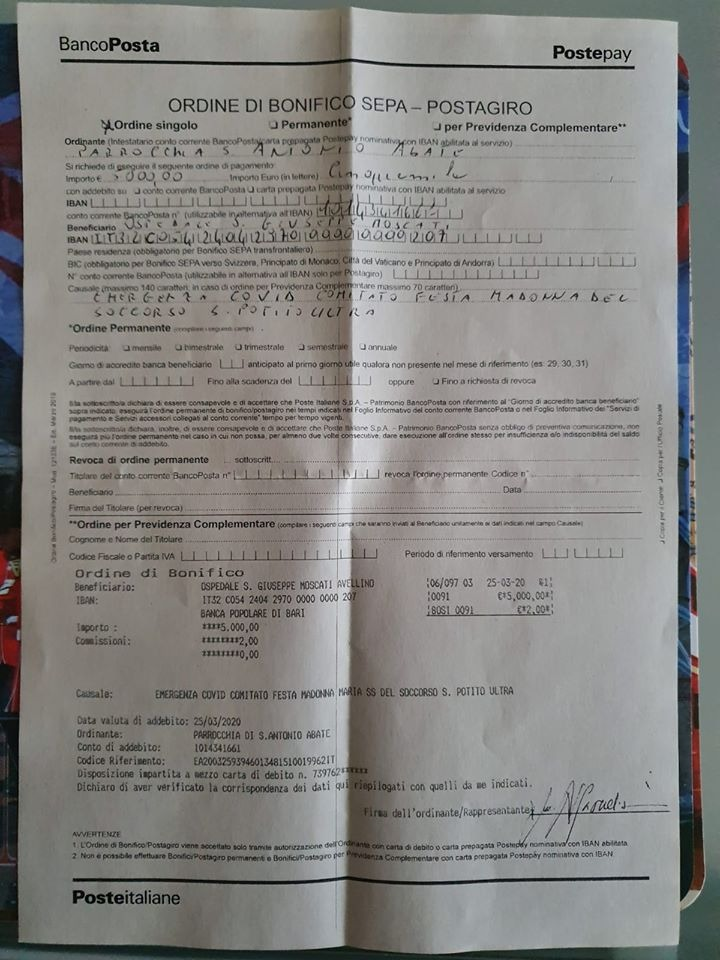 Fondi all’ospedale “Moscati”, gesto di solidarietà anche dal comitato festa di San Potito Ultra