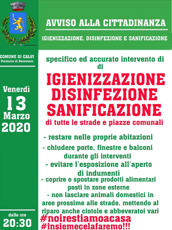 Calvi, il primo Comune ad effettuare sanificazione periodica settimanale