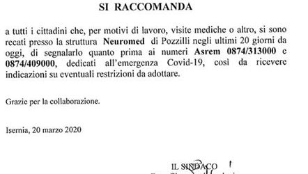 Positivo al Covid-19 paziente della Neuromed, l’appello per chi ha frequentato la struttura negli ultimi 20giorni