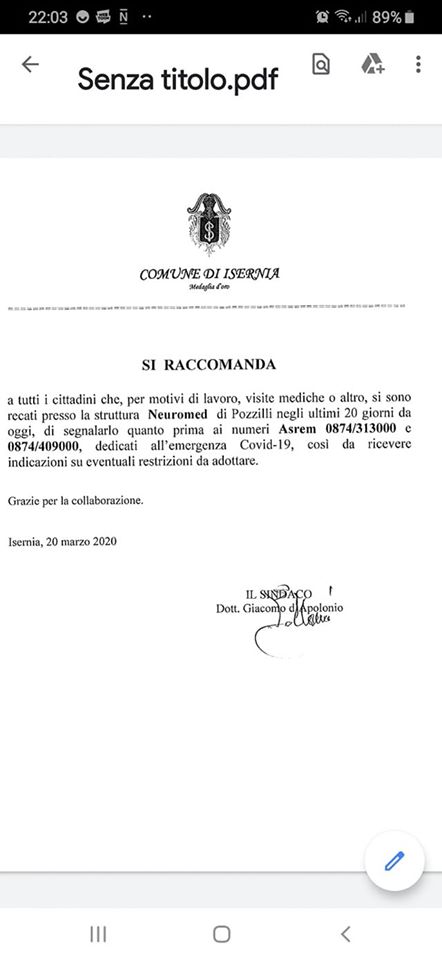 Positivo al Covid-19 paziente della Neuromed, l’appello per chi ha frequentato la struttura negli ultimi 20giorni