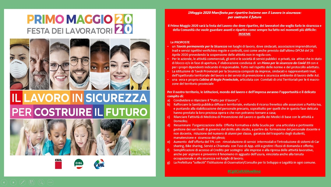 Avellino| Primo Maggio, Cgil Cisl e Uil: riflettori sulla sicurezza, uniti per superare anche questa emergenza