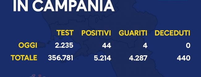 Covid-19, oggi 44 nuovi casi in Campania