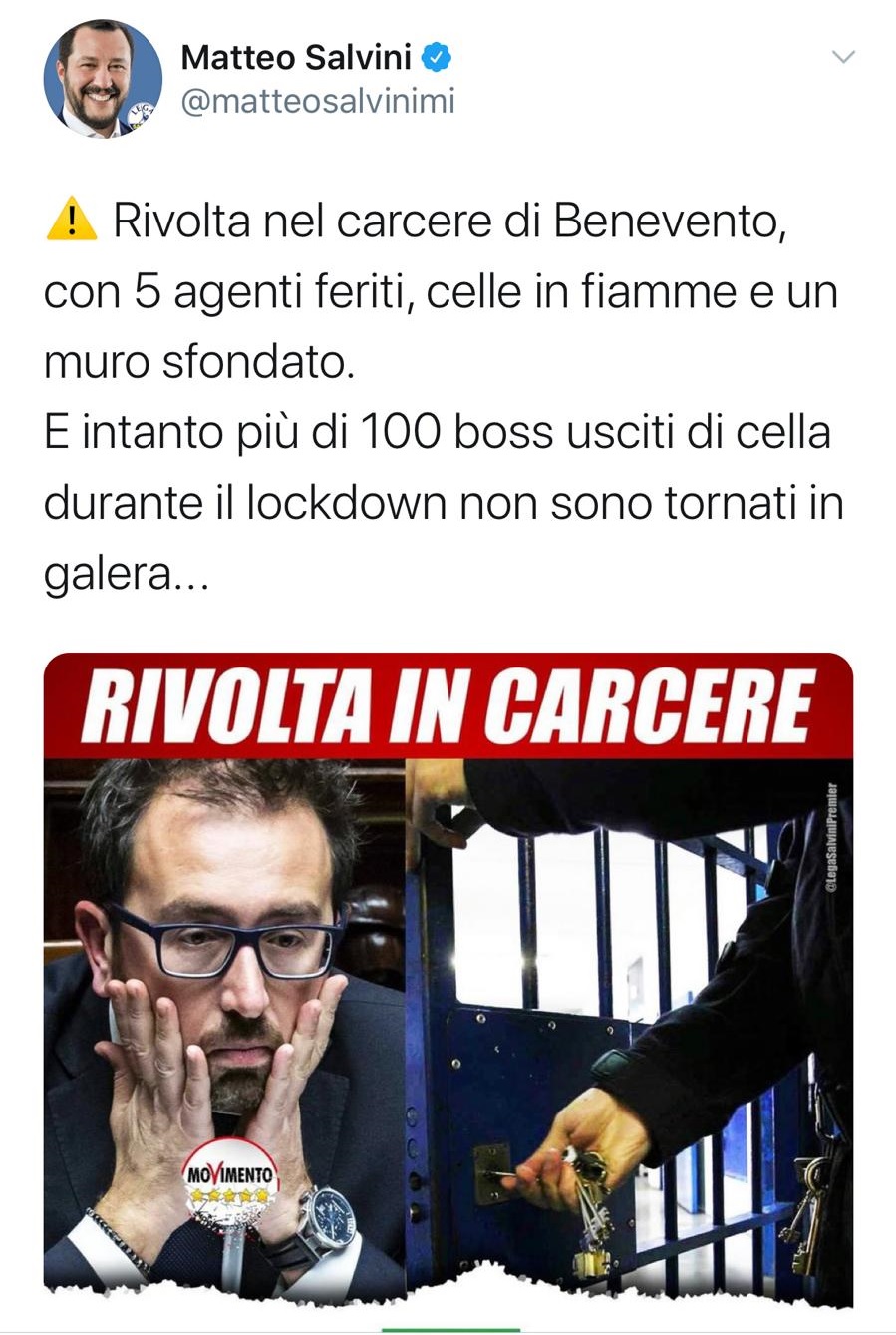 Aggressione nel carcere di Benevento, Salvini: “100 boss restano fuori, governo incapace e pericoloso”