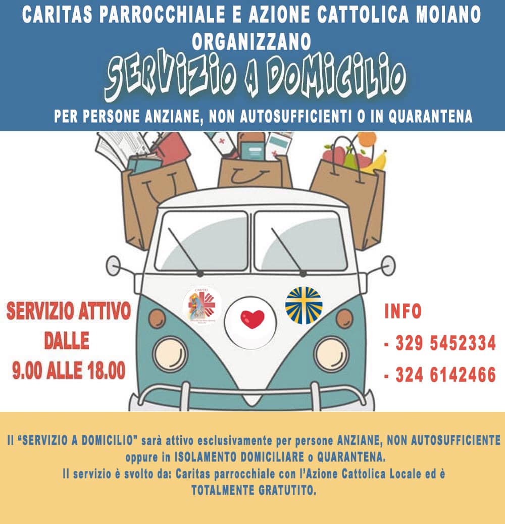 Covid-19, Caritas e Ac Moiano ripropongono il “Servizio a Domicilio” per persone anziane, non autosufficienti e in quarantena