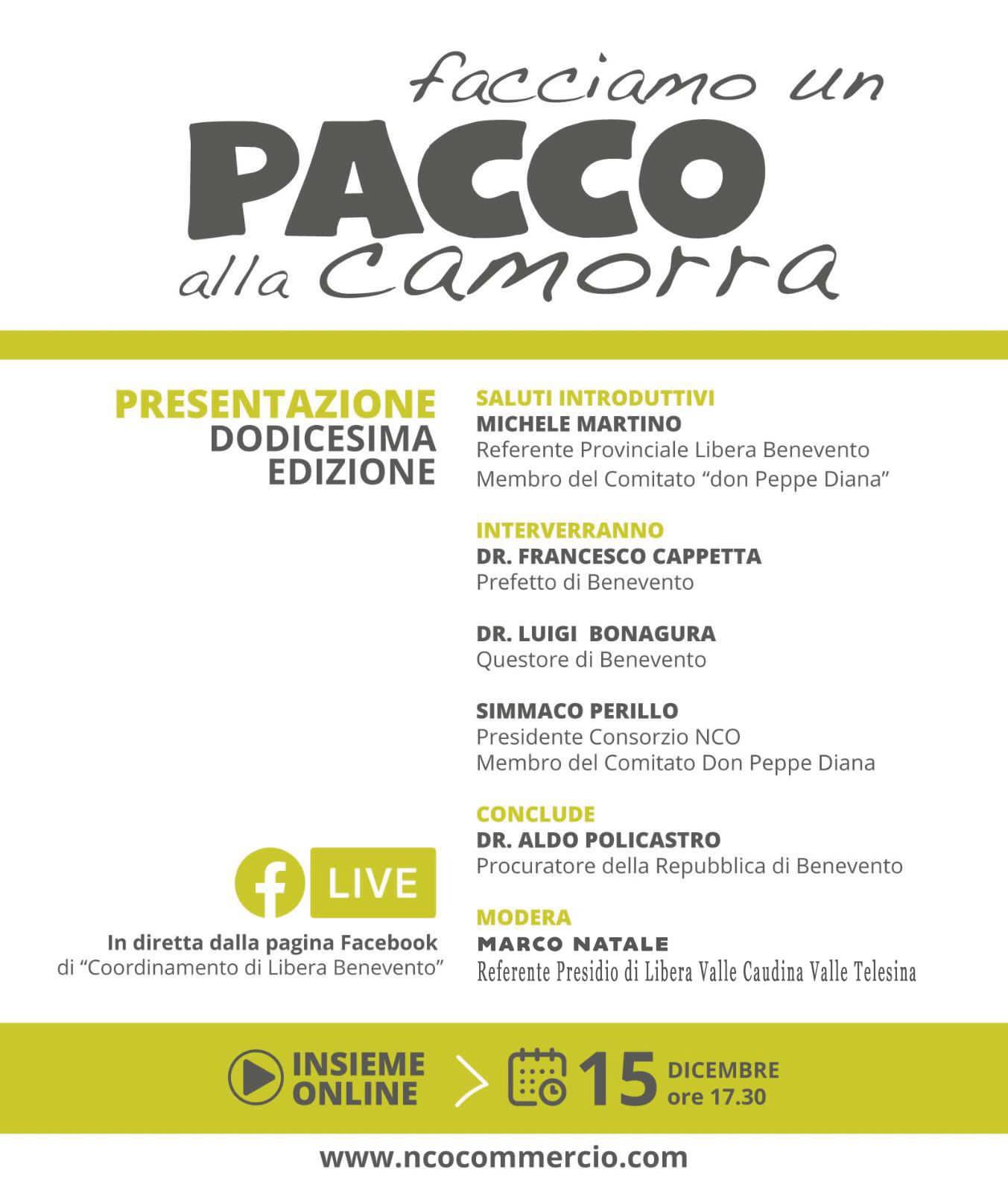 Benevento| Martedi 15 Dicembre l’evento online di ‘Facciamo un pacco alla camorra’