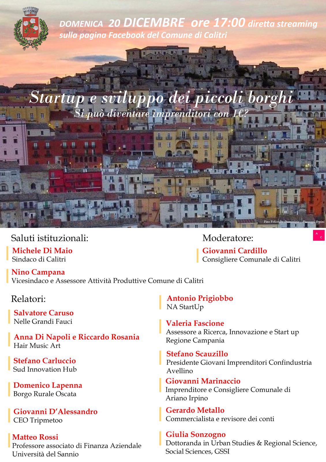 Startup e sviluppo dei piccoli borghi, da Calitri il confronto online sul coworking nei piccoli comuni