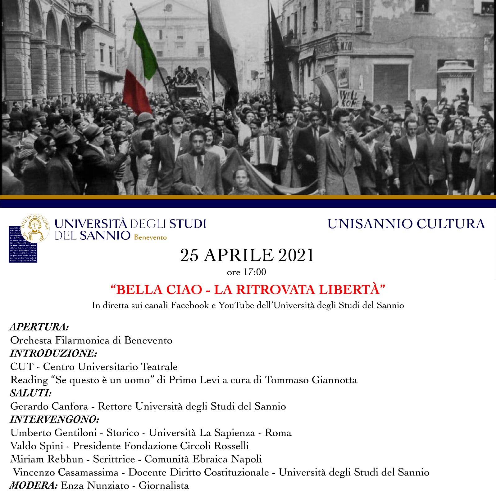 Unisannio, sul canale youtube domenica 25 Aprile l’evento ‘Bella Ciao, La ritrovata liberta”