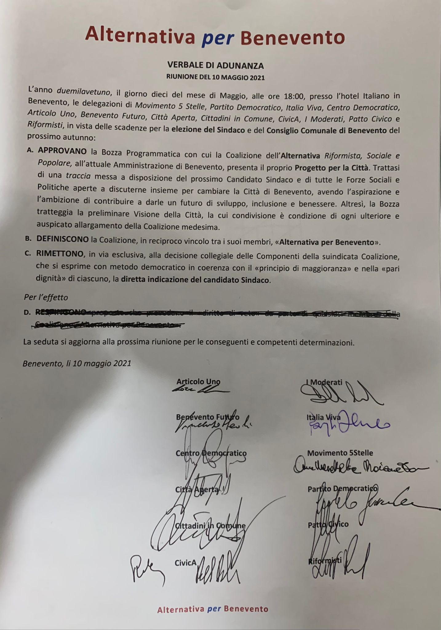 Benevento| Nasce Alleanza per Benevento ma non c’è Civico 22. Via libera per Perifano