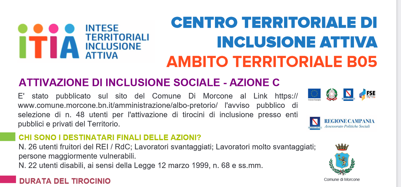 I.t.i.a: al via il bando per l’individuazione di soggetti in  favore dei quali attivare tirocini di inclusione sociale