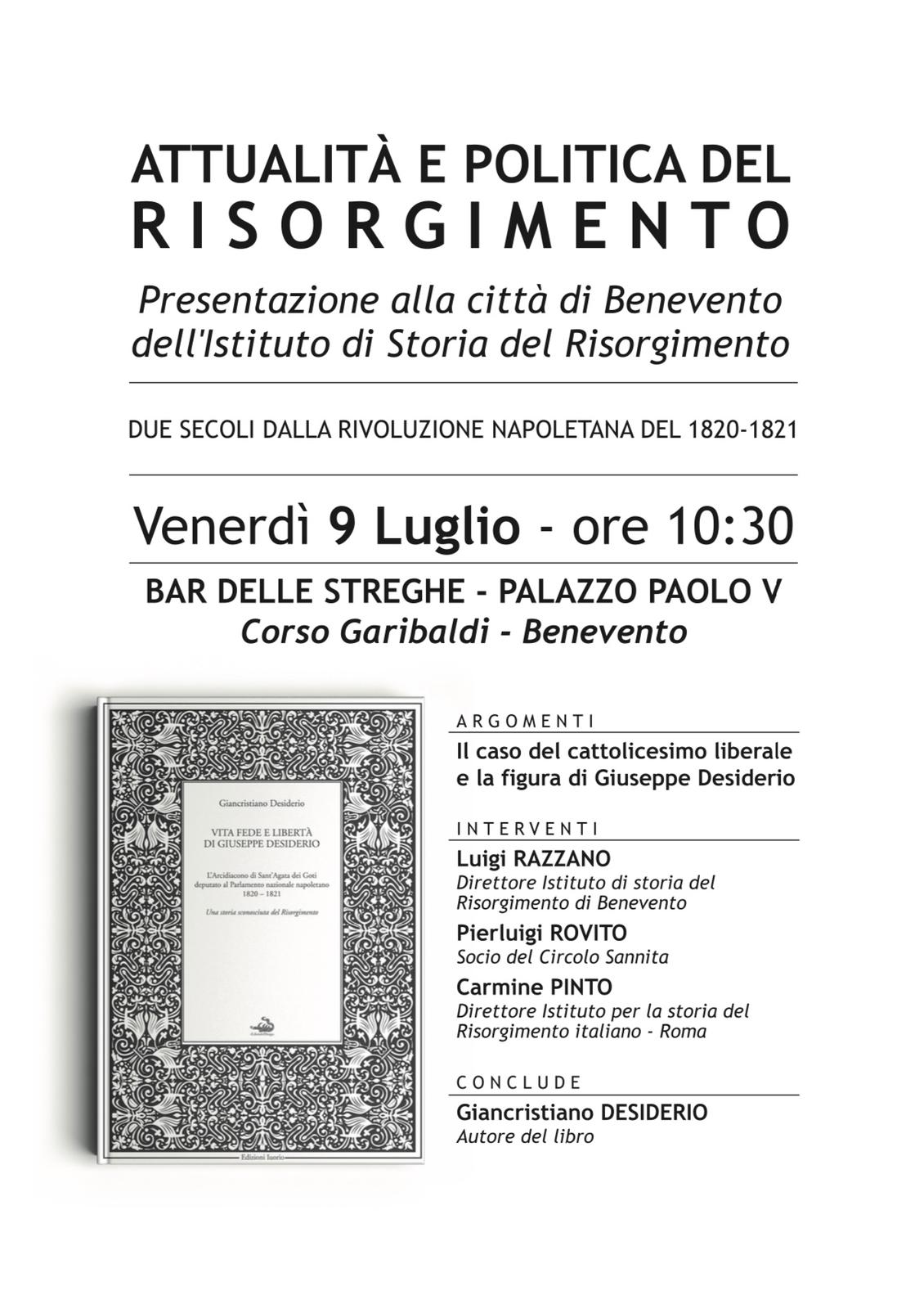 Benevento|Venerdì 9 luglio, presentazione dell’Istituto Storico del Risorgimento