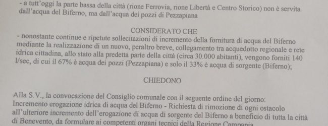 Accolto invito di Perifano, c’è la richiesta di Consiglio: “Acqua buona diritto di tutti”. I consiglieri di Alternativa per Benevento hanno chiesto la convocazione urgente del Consiglio