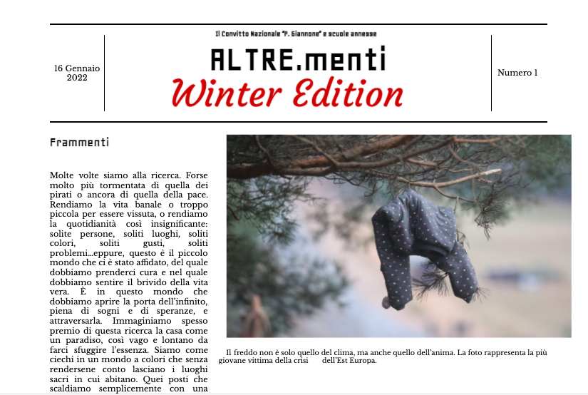 Benevento|La pandemia non ferma gli studenti del Convitto ‘Giannone’: in uscita il nuovo numero di “Altre. Menti”, giornalino d’Istituto