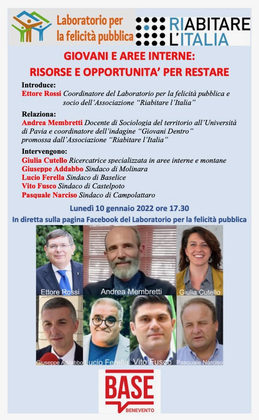 Il 10 Gennaio videoconferenza sul tema: “Giovani e aree interne: risorse e opportunità per restare”