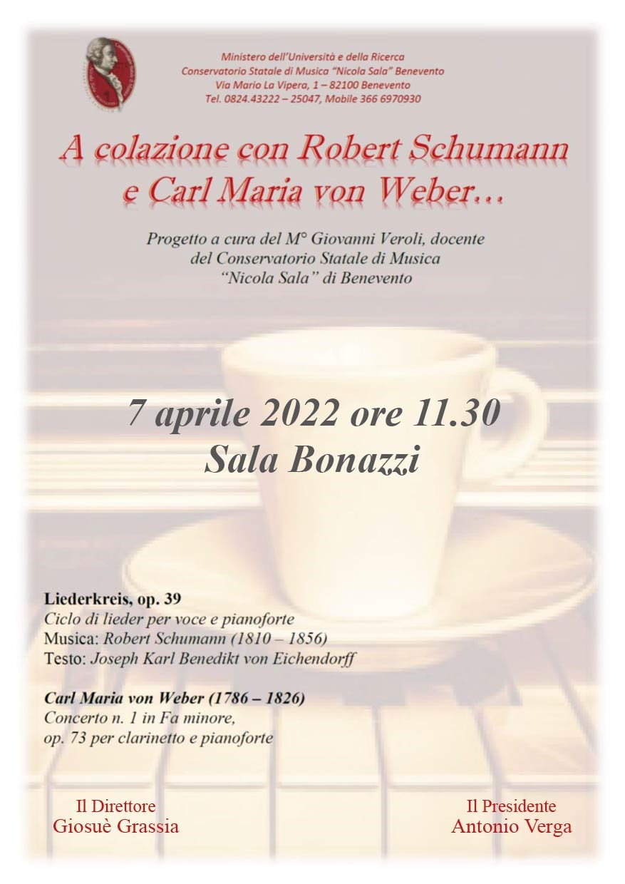 Conservatorio di Benevento, giovedi il concerto “A colazione con Robert Schuman e Carl Maria Von Weber”