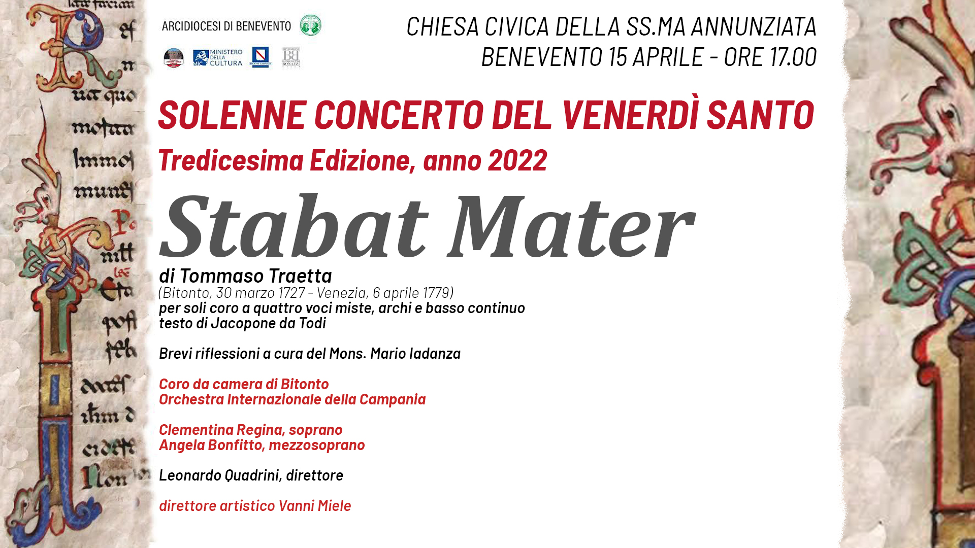 Benevento: Con lo Stabat Mater di Traetta e la direzione artistica di Vanni Miele ritorna il Solenne Concerto del Venerdì Santo
