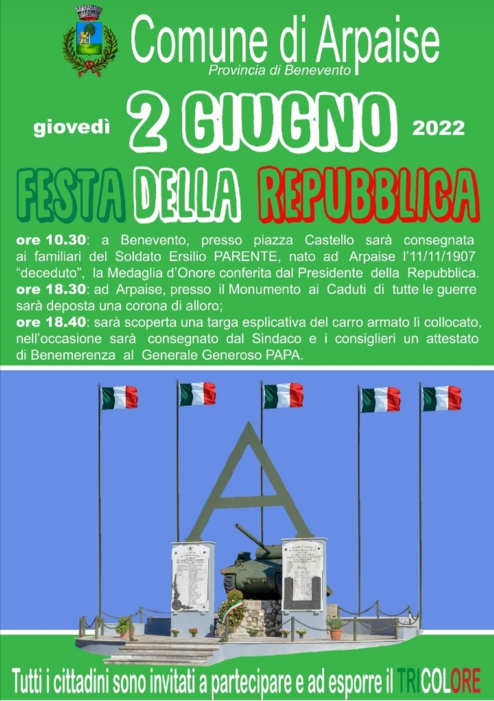 Ad Arpaise il 2 Giugno si celebrerà la Festa della Repubblica