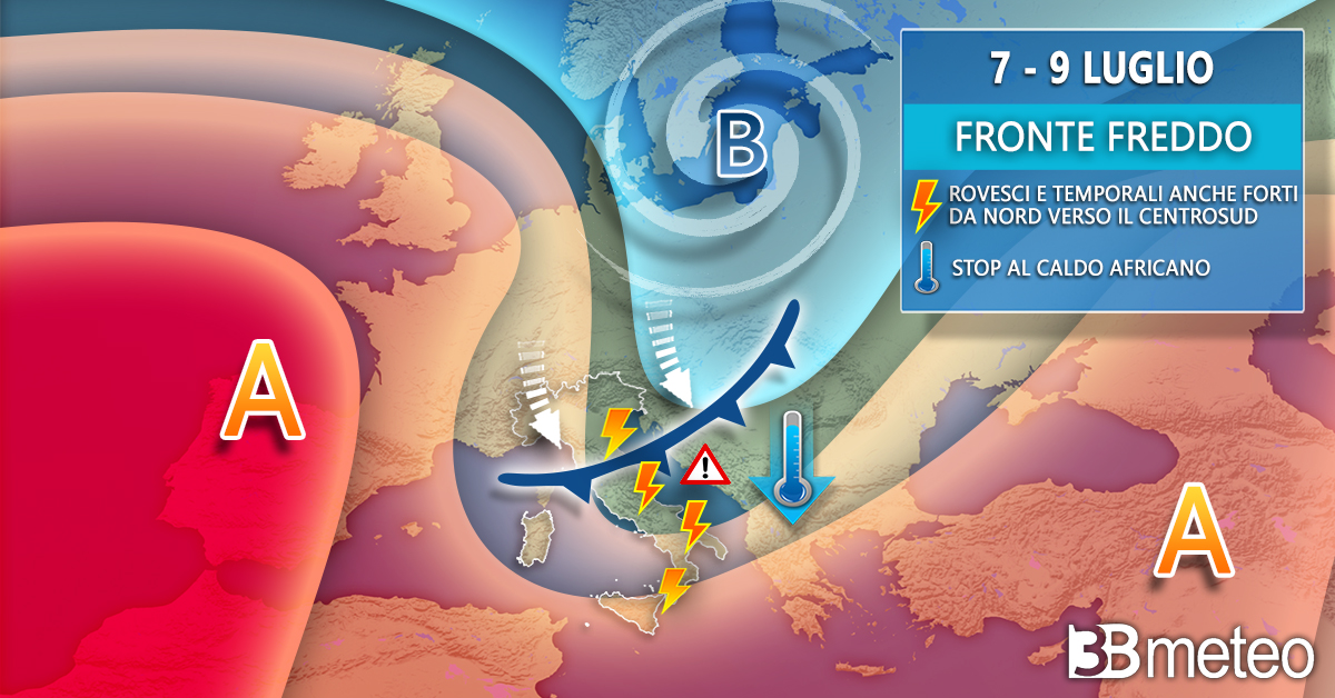 Meteo: ‘in arrivo temporali e nubifragi, stop al caldo africano, fino a 8-10°C in meno”