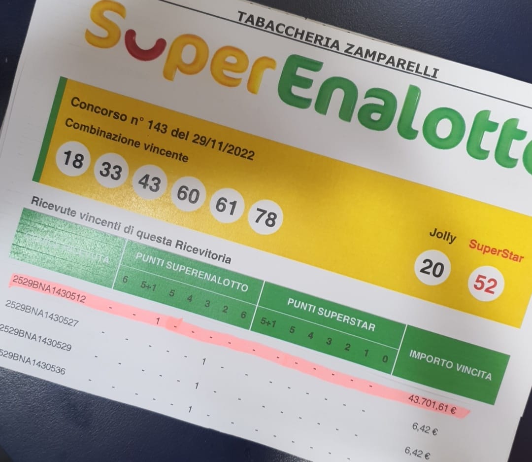 Supernalotto, a Benevento centrato un 5 da 43mila euro