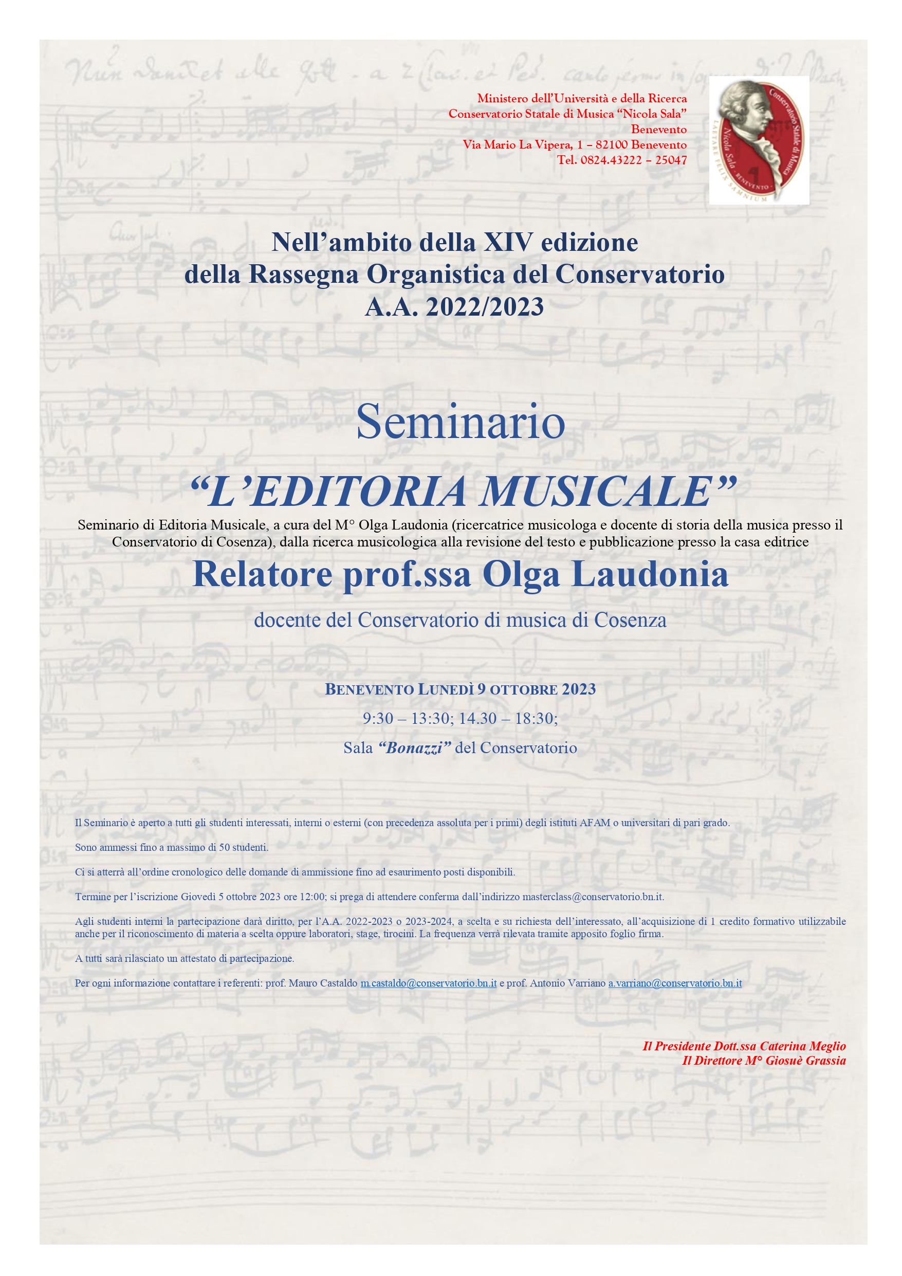 Rassegna Organistica e Seminari al Conservatorio Nicola Sala di Benevento