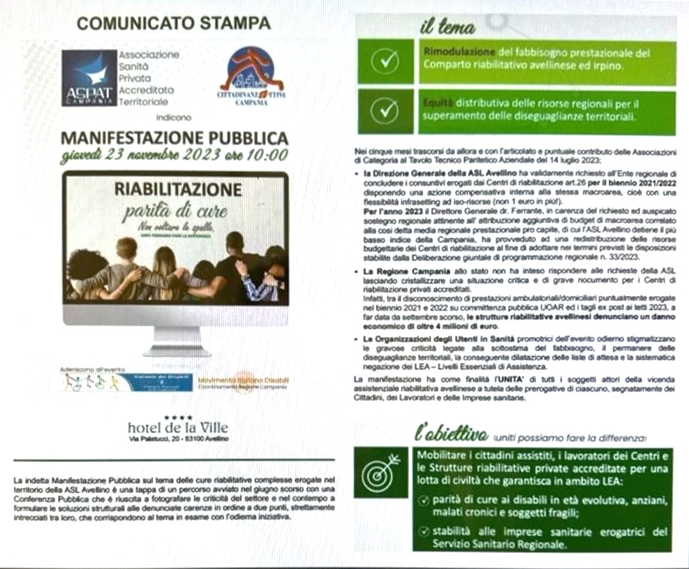Avellino| Assistenza alla disabilità e riabilitazione, sabato e domenica petizione al corso Vittorio Emanuele