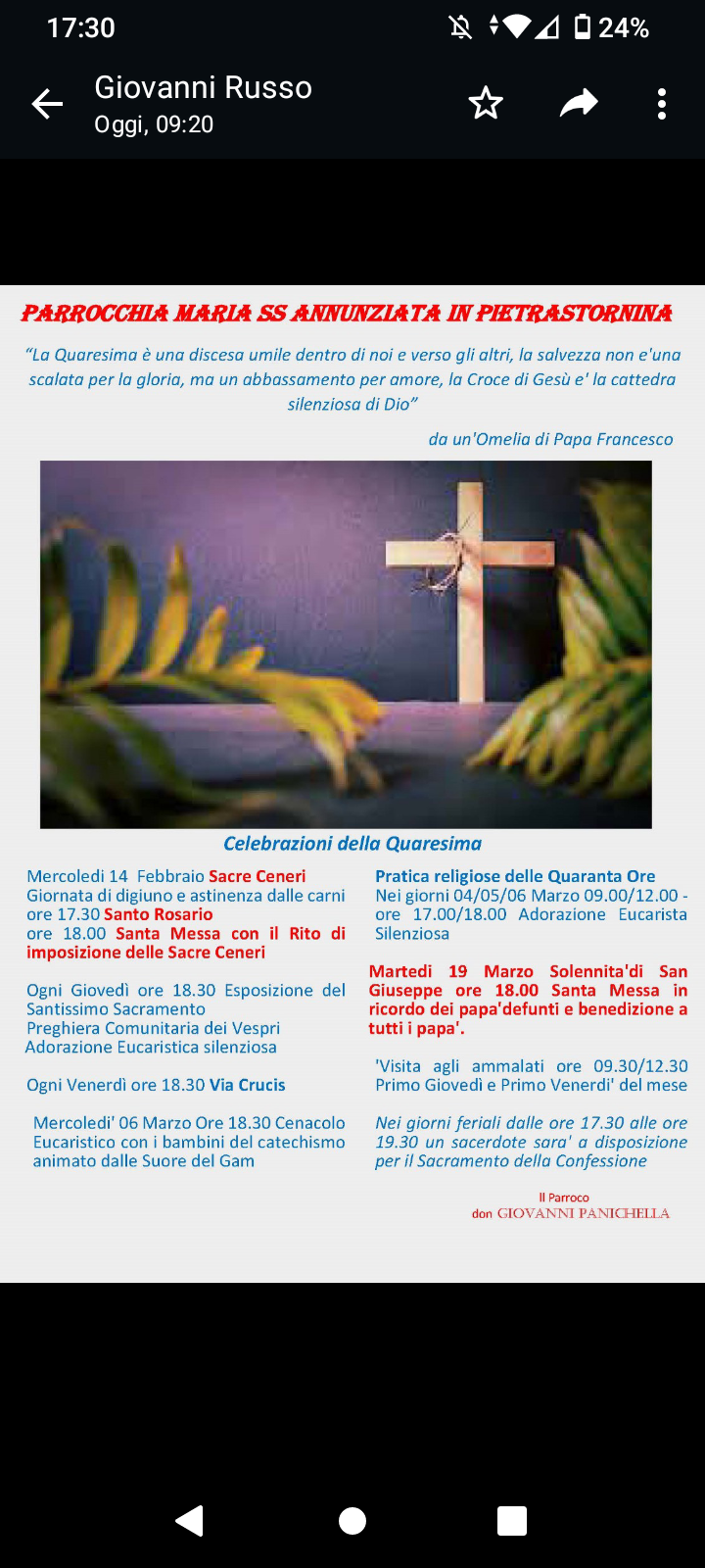 La Parrocchia Maria Santissima Annunziata di Pietrastornina si prepara a vivere il tempo liturgico della Quaresima