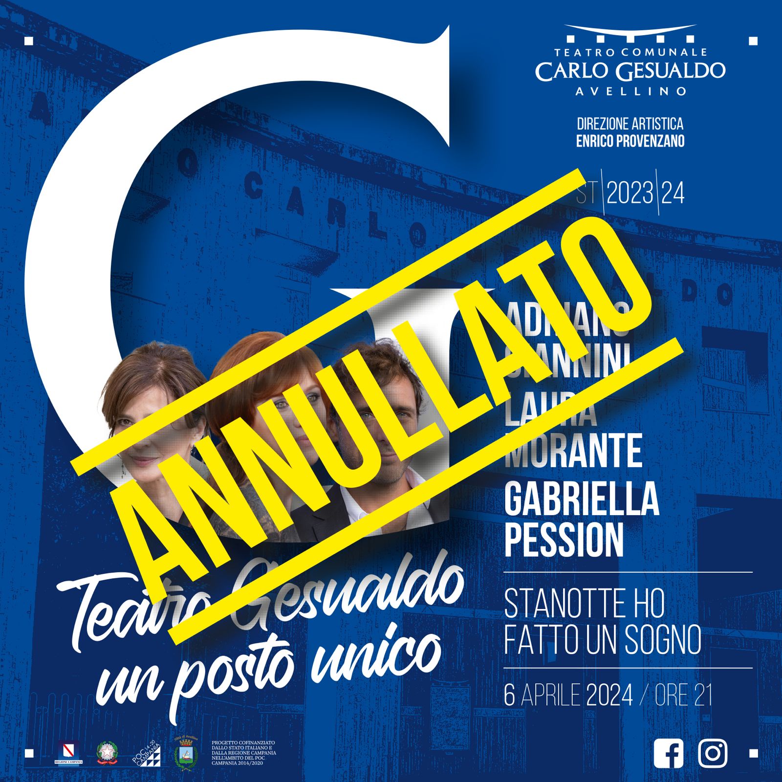 Teatro Gesualdo, annullato lo spettacolo “Stanotte ho fatto un sogno”