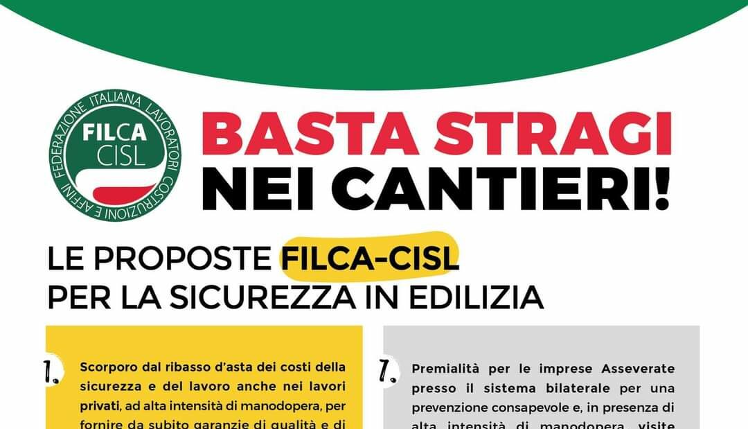‘Basta stragi nei cantieri’, 10 proposte della Filca Cisl
