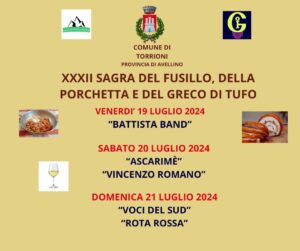 Torrioni si prepara ad accogliere la XXXII edizione della Sagra del Fusillo, della Porchetta e del Greco di Tufo – 2024