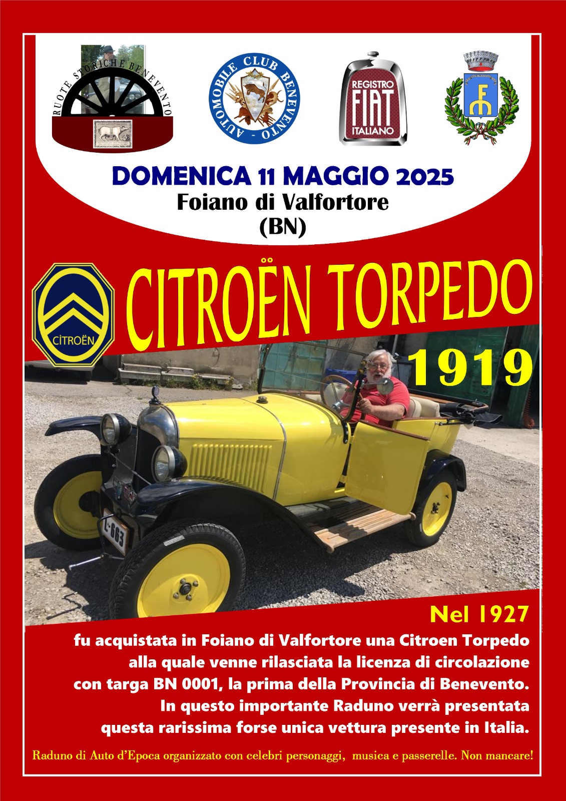 Foiano di Val Fortore ospita il Raduno di Auto d’Epoca: un omaggio alla storica Citroen Torpedo del 1919