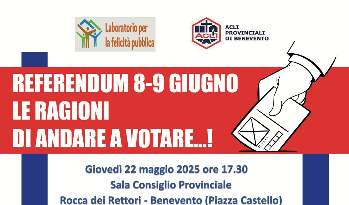 Referendum 8 e 9 giugno, domani a Benevento incontro con il presidente nazionale Acli Emiliano Manfredonia