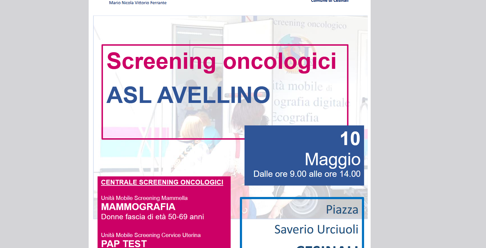 Screening oncologici, i camper dell’Asl il 10 maggio a Cesinali
