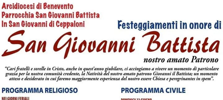 San Giovanni di Ceppaloni in festa, per i Solenni Festeggiamenti in onore del Santo Patrono, San Giovanni Battista
